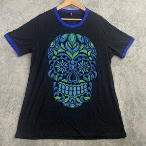 Ay Guey Shirt Mens XL Black Sugar Skull Calavera Ringer Tee Dia De Los Muertos